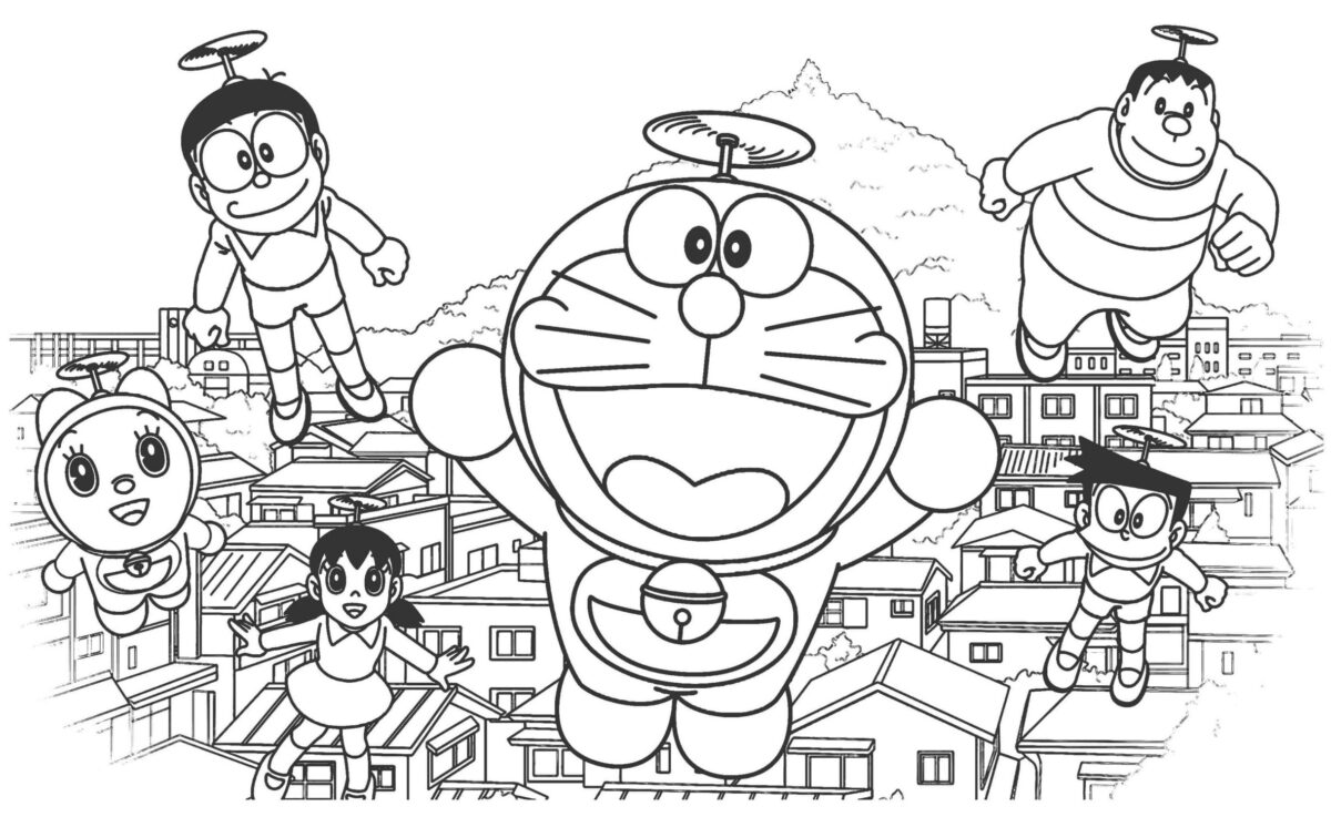Doraemon 8 Volando con el gorrocoptero con su pandilla