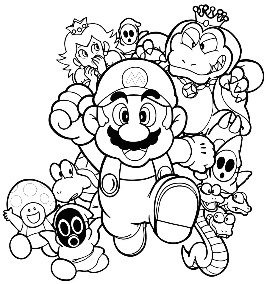mario bros para colorear 2 personajes con Mario en cabeza
