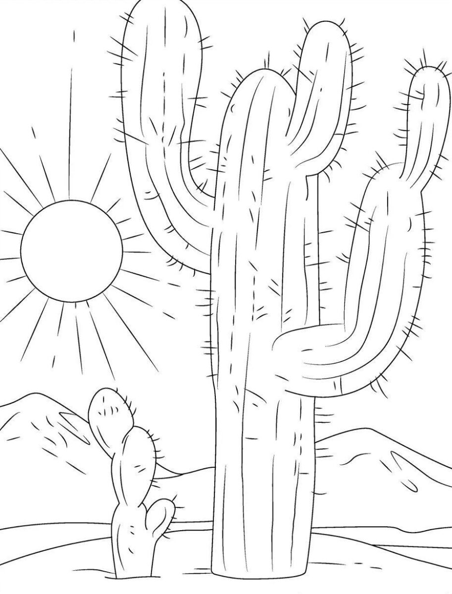 Paisaje para colorear de un desierto con un cactus y sol