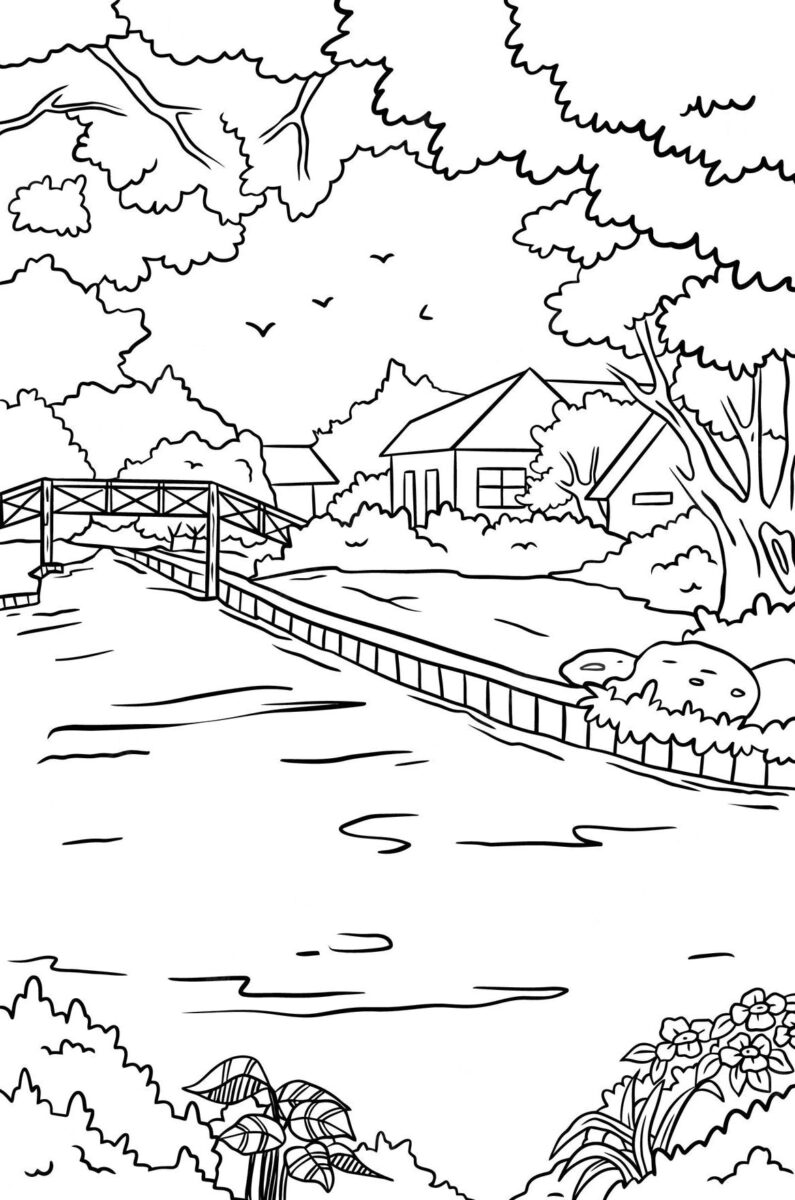 Paisaje para colorear con río, puente, casas y árboles