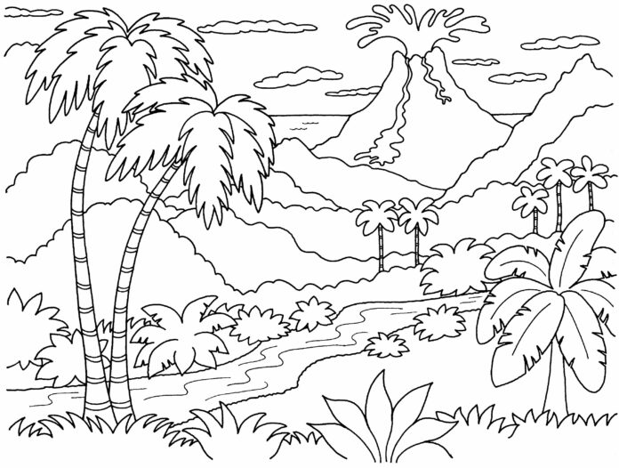 Paisaje para colorear con palmeras, río y volcán en erupción